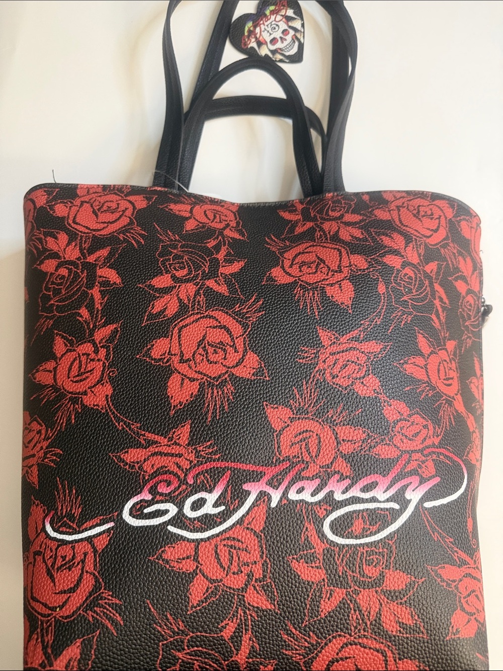 Ed Hardy Black & Red Rose Skull Tote Bag - Picture 5 of 7
